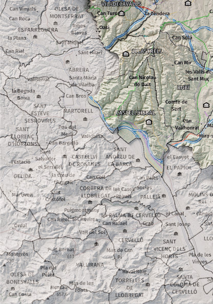 Mapa de relieve del Vallès Occidental, con el territorio en color y el entorno en blanco. Detalle de la zona inferior izquierda. 21 × 30 cm. Estilo Cartográfico.