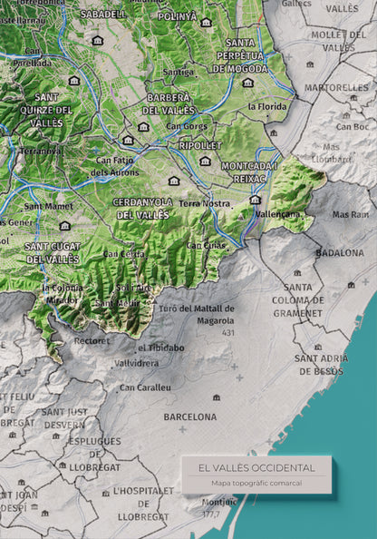 Mapa de relieve del Vallès Occidental, con el territorio en color y el entorno en blanco. Detalle de la zona inferior derecha. 21 × 30 cm. Estilo Clásico.