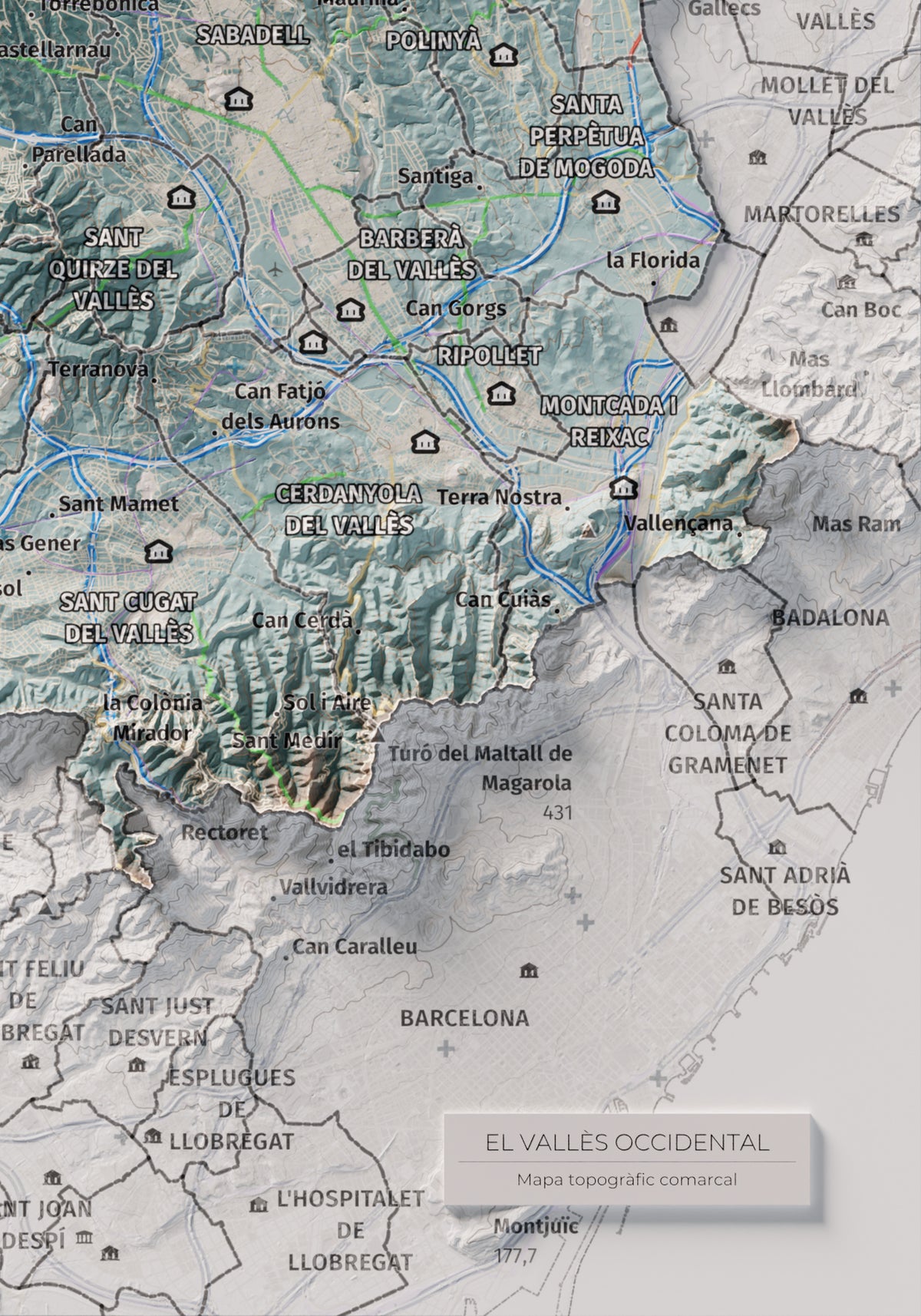Mapa de relieve del Vallès Occidental, con el territorio en color y el entorno en blanco. Detalle de la zona inferior derecha. 21 × 30 cm. Estilo Azul y naranja.