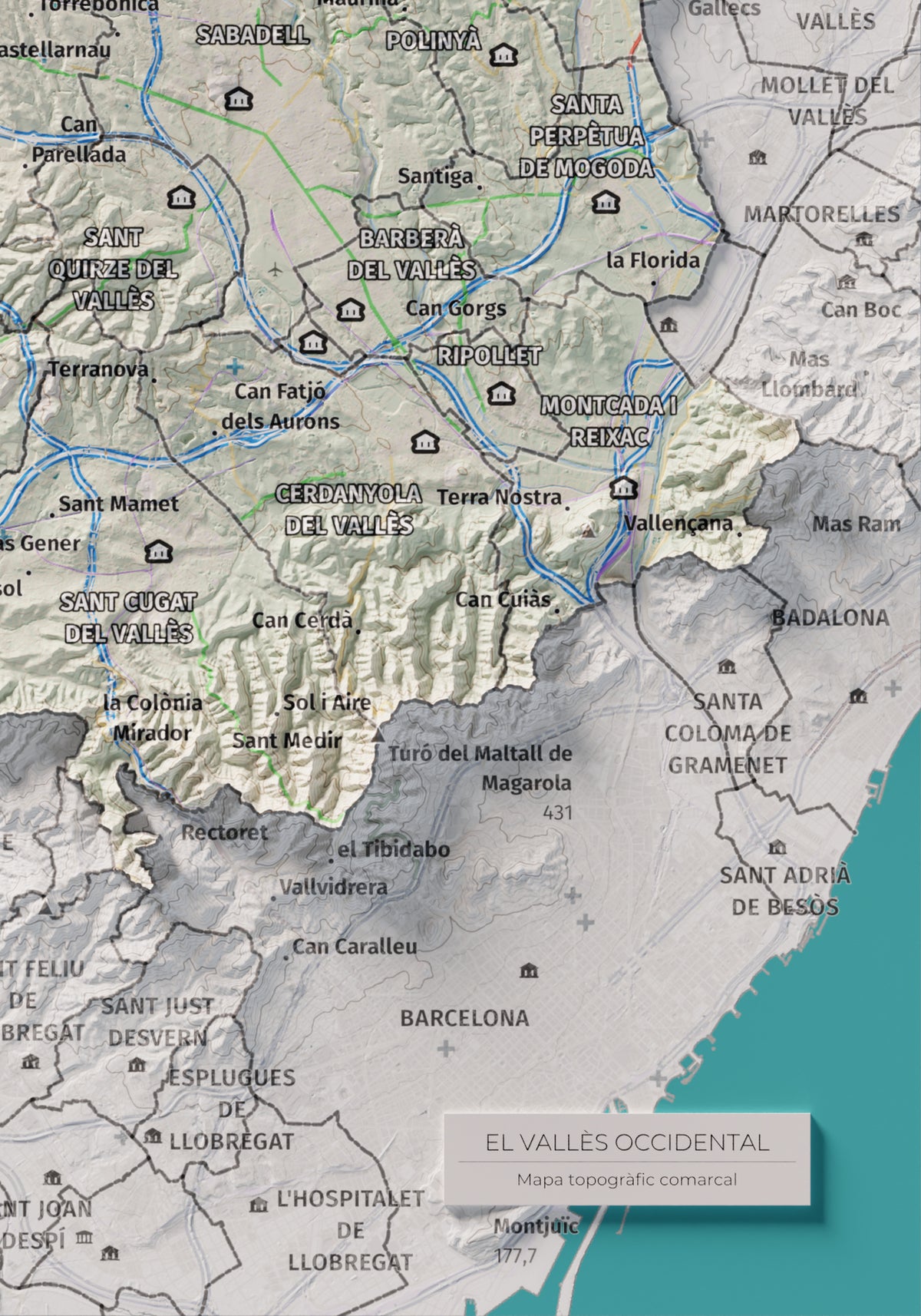 Mapa de relieve del Vallès Occidental, con el territorio en color y el entorno en blanco. Detalle de la zona inferior derecha. 21 × 30 cm. Estilo Cartográfico.