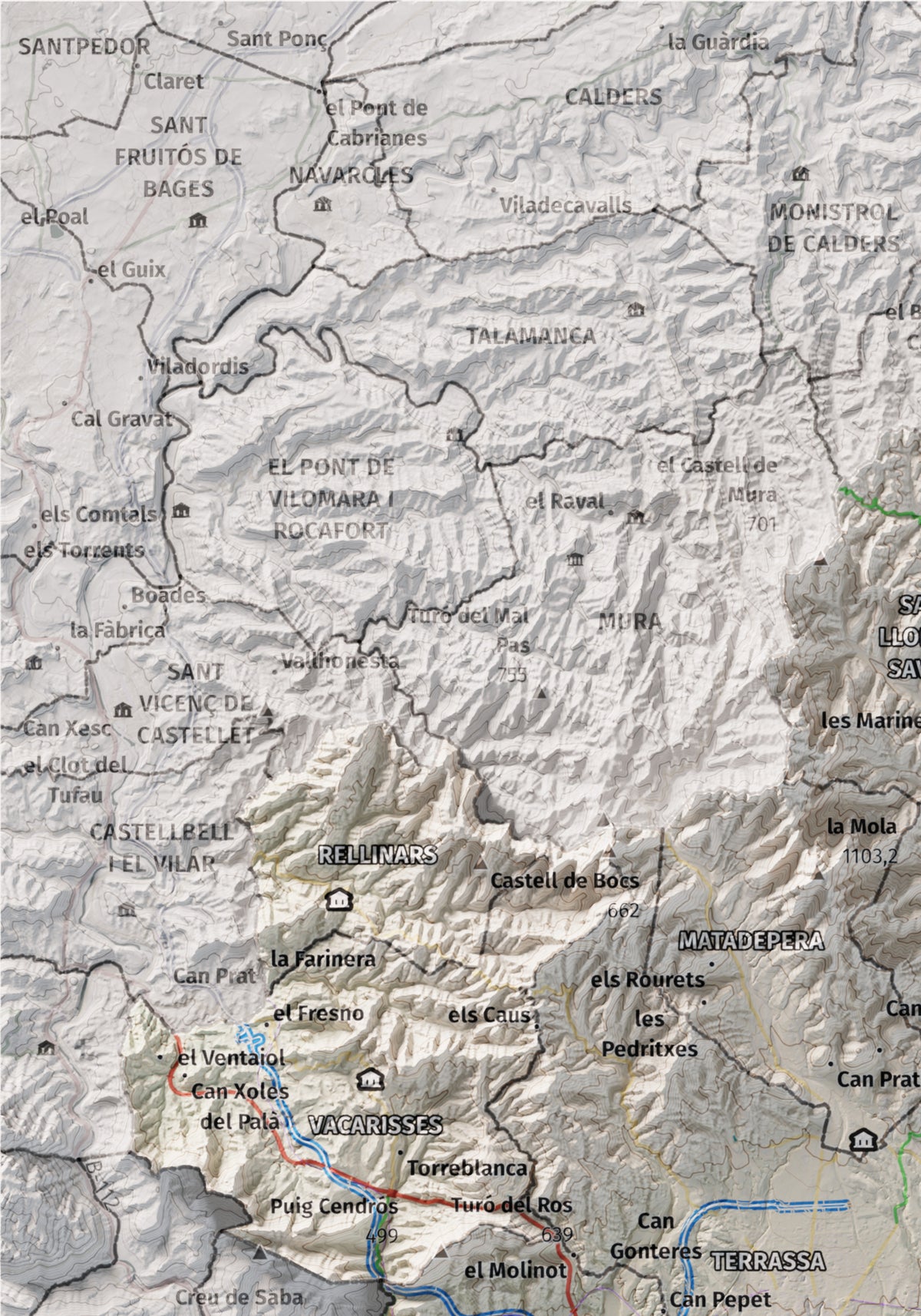 Mapa de relieve del Vallès Occidental, con el territorio en color y el entorno en blanco. Detalle de la zona superior izquierda. 21 × 30 cm. Estilo Cartográfico.