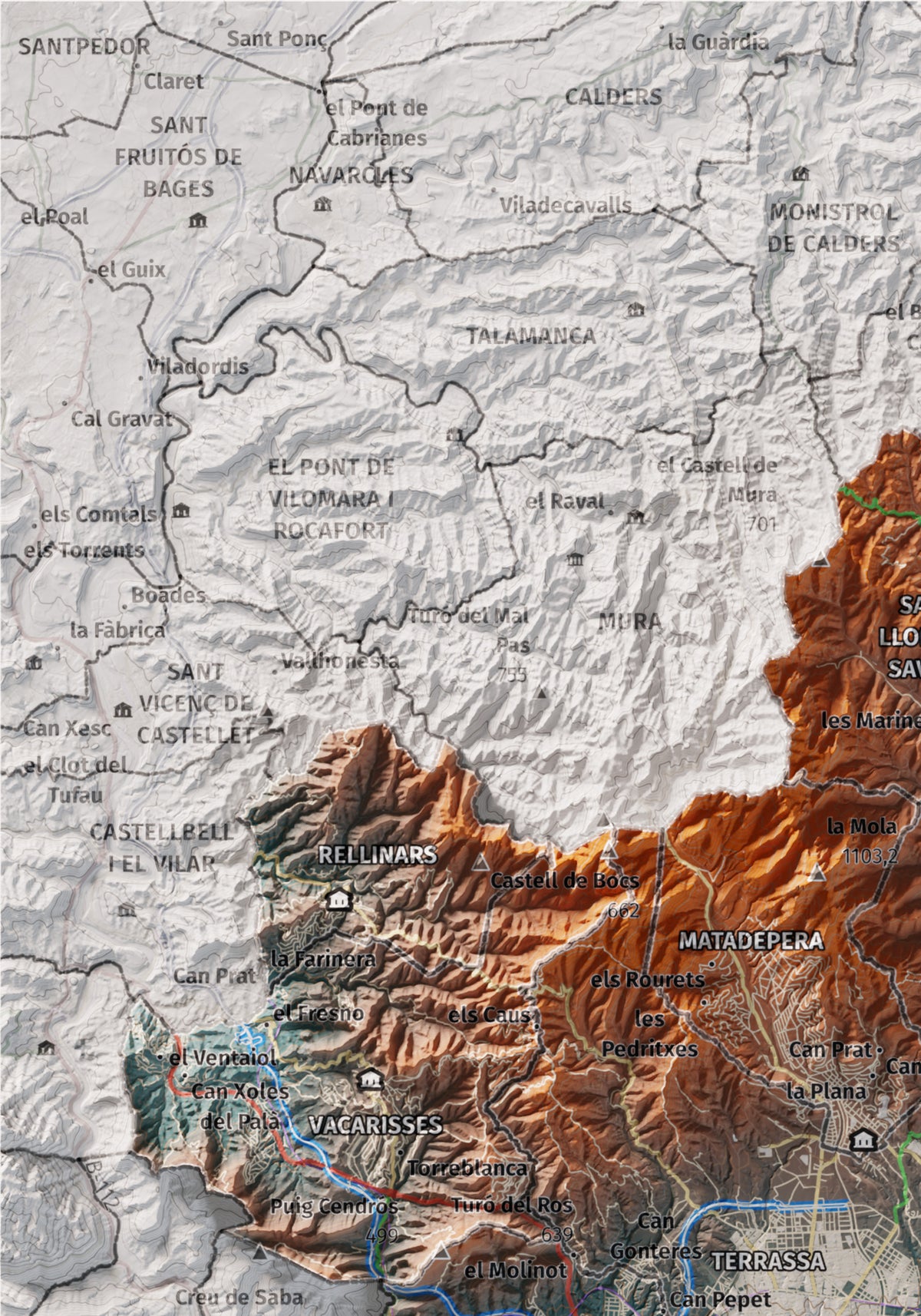 Mapa de relieve del Vallès Occidental, con el territorio en color y el entorno en blanco. Detalle de la zona superior izquierda. 21 × 30 cm. Estilo Azul y naranja.