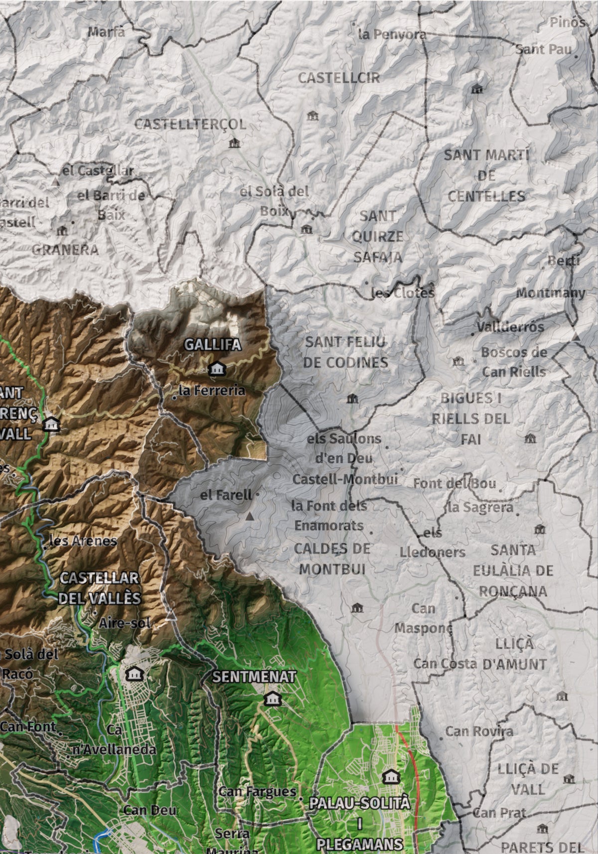 Mapa de relieve del Vallès Occidental, con el territorio en color y el entorno en blanco. Detalle de la zona superior derecha. 21 × 30 cm. Estilo Clásico.