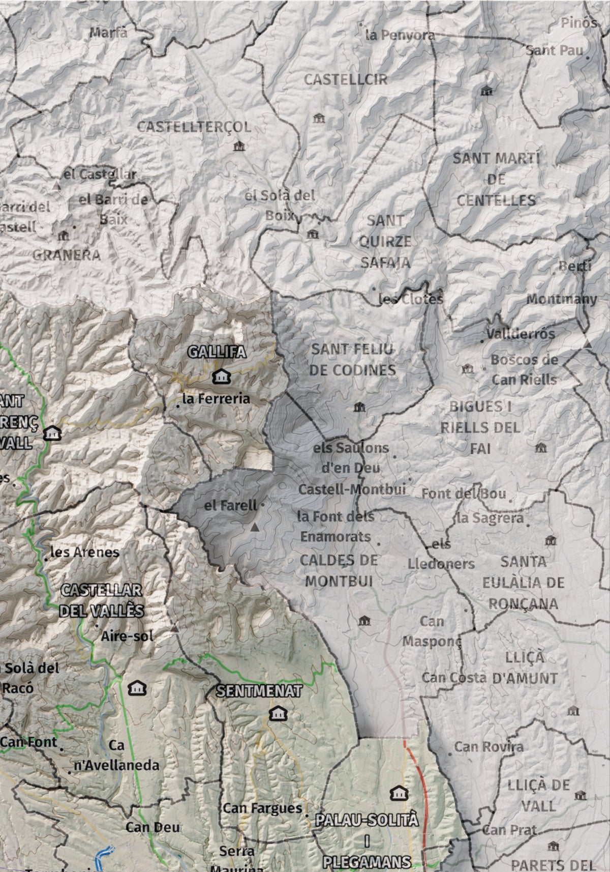 Mapa de relieve del Vallès Occidental, con el territorio en color y el entorno en blanco. Detalle de la zona superior derecha. 21 × 30 cm. Estilo Cartográfico.