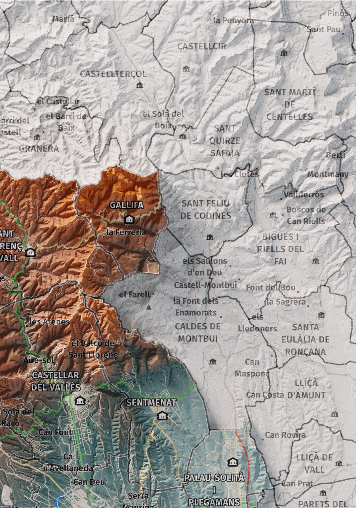 Mapa de relieve del Vallès Occidental, con el territorio en color y el entorno en blanco. Detalle de la zona superior derecha. 21 × 30 cm. Estilo Azul y naranja.