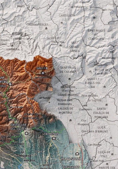 Mapa de relieve del Vallès Occidental, con el territorio en color y el entorno en blanco. Detalle de la zona superior derecha. 21 × 30 cm. Estilo Azul y naranja.