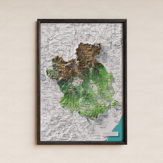 Mapa de relieve del Vallès Occidental, con el territorio en color y el entorno en blanco. Presentación con marco. 21 × 30 cm. Estilo Clásico.