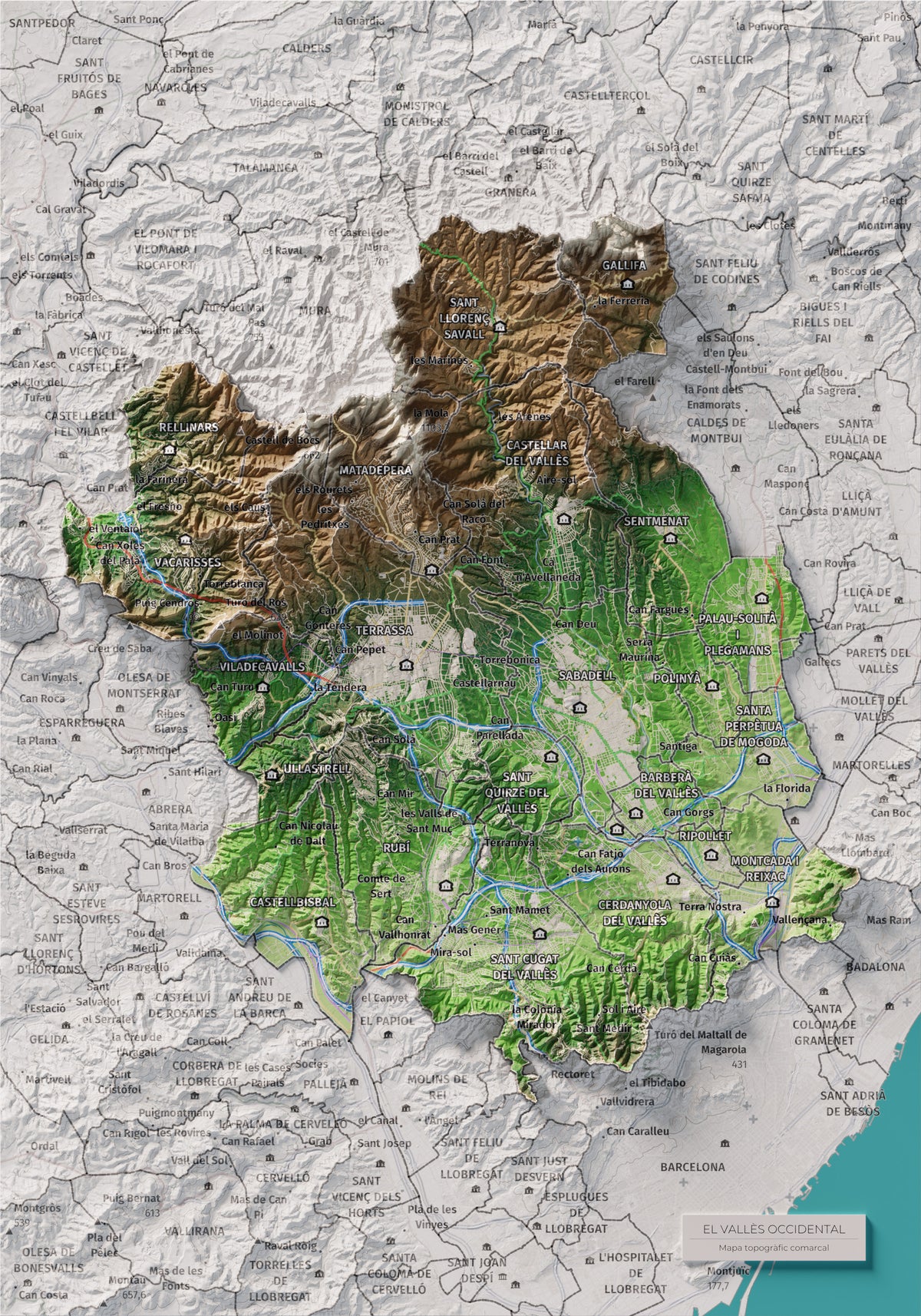 Mapa de relieve del Vallès Occidental, con el territorio en color y el entorno en blanco. Vista completa de la lámina. 21 × 30 cm. Estilo Clásico.