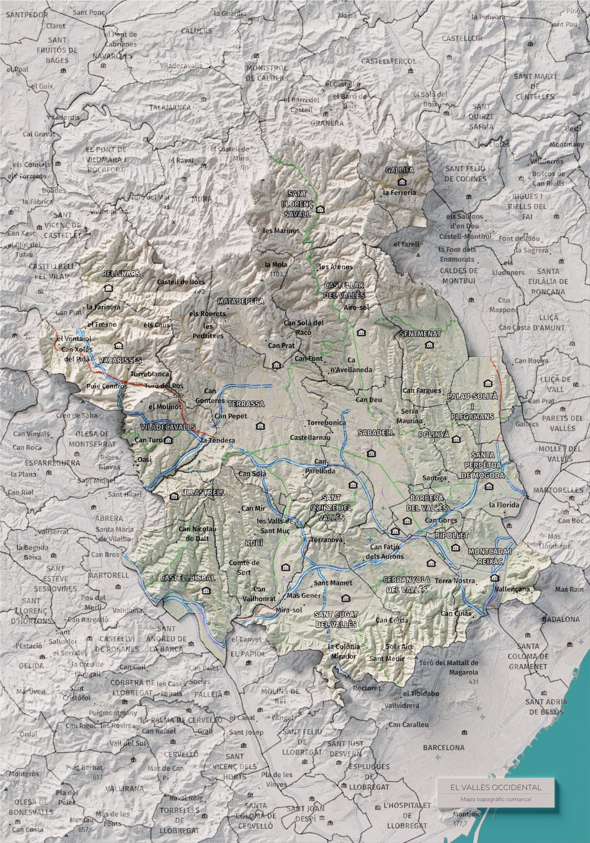 Mapa de relieve del Vallès Occidental, con el territorio en color y el entorno en blanco. Vista completa de la lámina. 21 × 30 cm. Estilo Cartográfico.