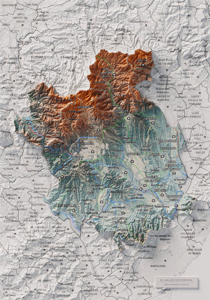 Mapa de relieve del Vallès Occidental, con el territorio en color y el entorno en blanco. Vista completa de la lámina. 21 × 30 cm. Estilo Azul y naranja.