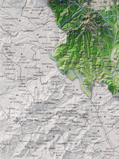 Mapa de relieve del Vallès Occidental, con el territorio en color y el entorno en blanco. Detalle de la zona inferior izquierda. 30 × 40 cm. Estilo Clásico.