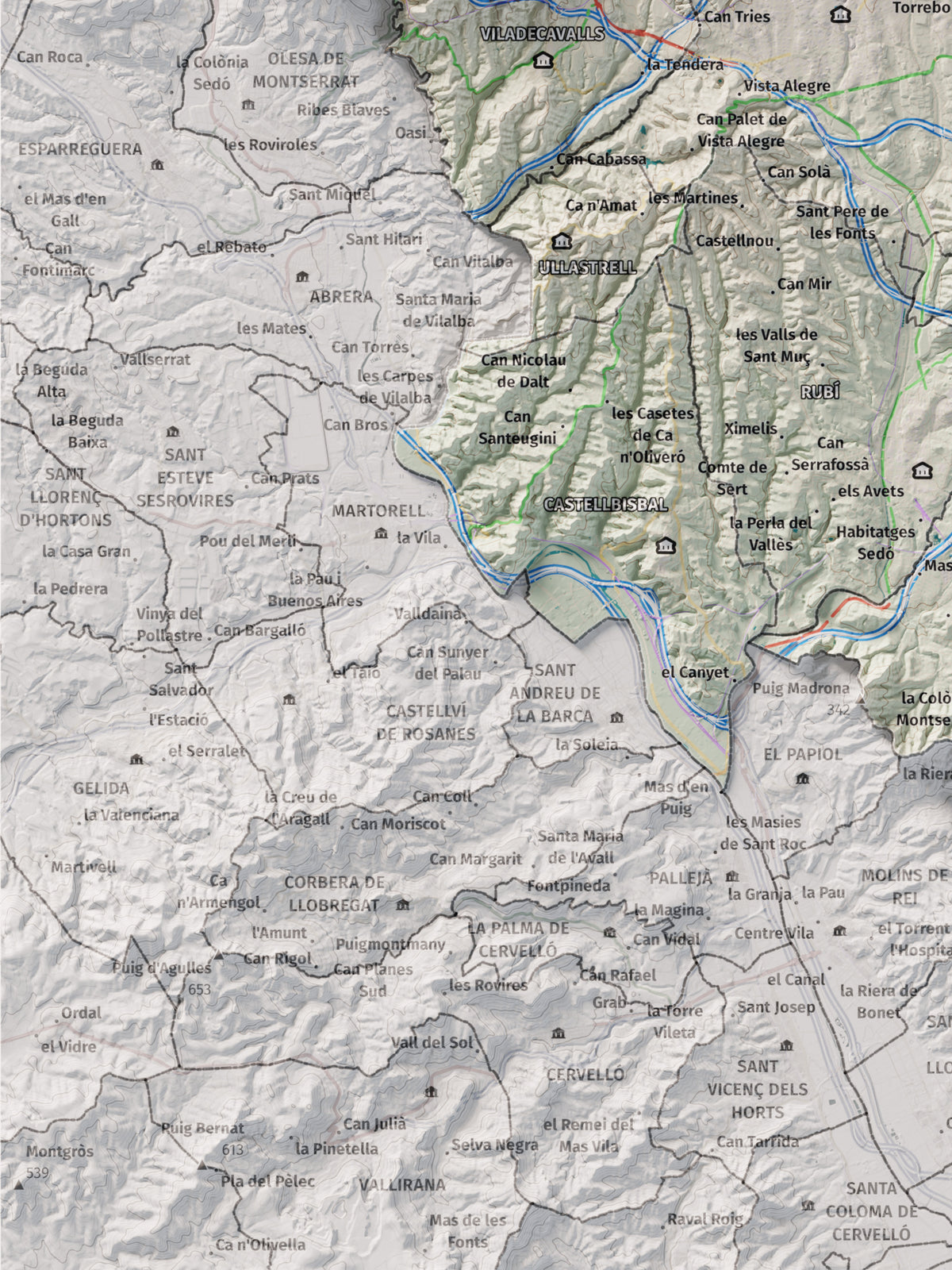 Mapa de relieve del Vallès Occidental, con el territorio en color y el entorno en blanco. Detalle de la zona inferior izquierda. 30 × 40 cm. Estilo Cartográfico.