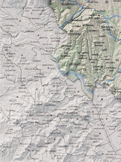 Mapa de relieve del Vallès Occidental, con el territorio en color y el entorno en blanco. Detalle de la zona inferior izquierda. 30 × 40 cm. Estilo Cartográfico.