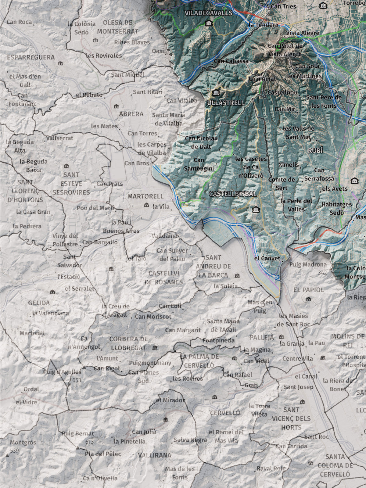 Mapa de relieve del Vallès Occidental, con el territorio en color y el entorno en blanco. Detalle de la zona inferior izquierda. 30 × 40 cm. Estilo Azul y naranja.