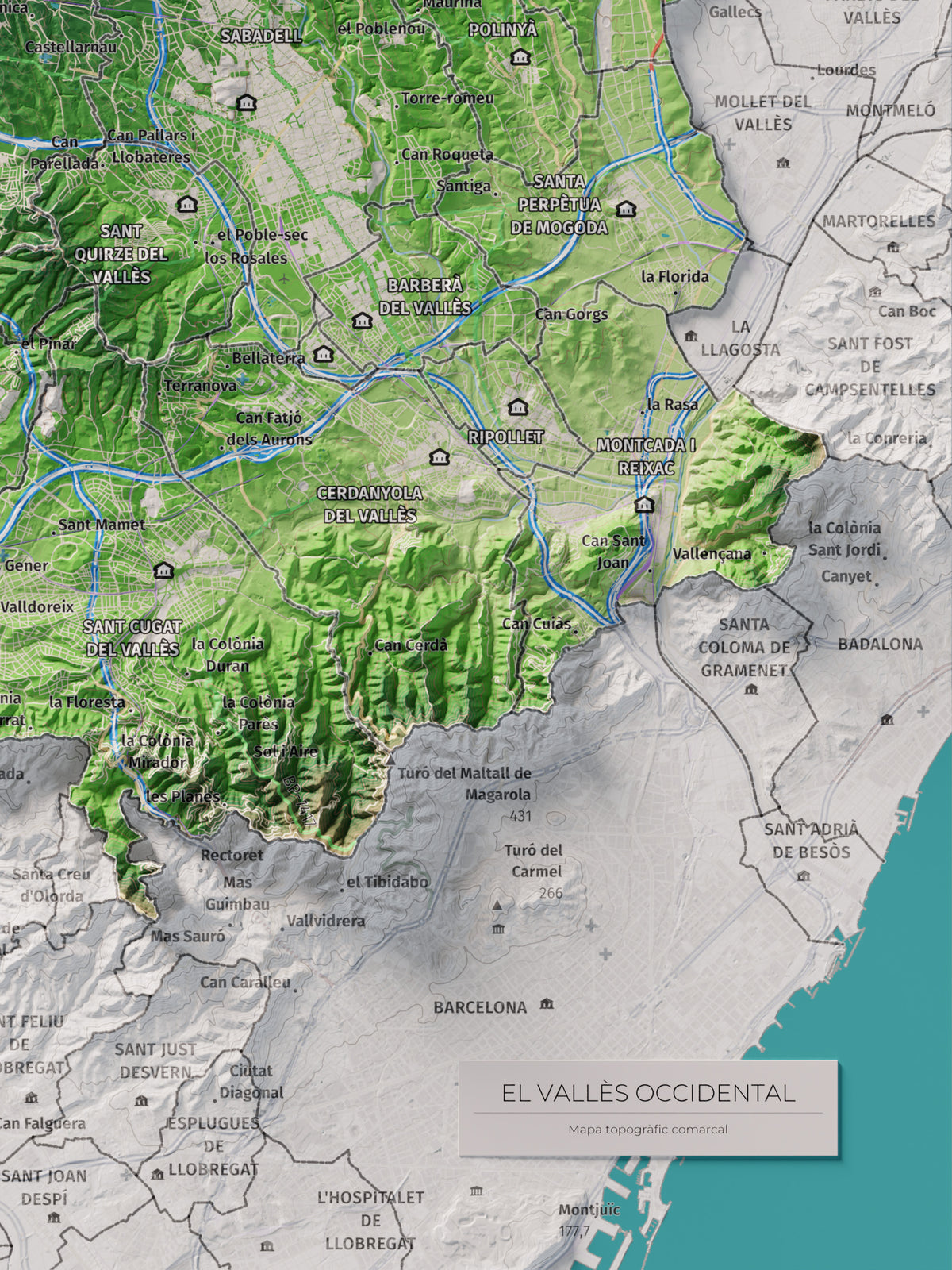 Mapa de relieve del Vallès Occidental, con el territorio en color y el entorno en blanco. Detalle de la zona inferior derecha. 30 × 40 cm. Estilo Clásico.