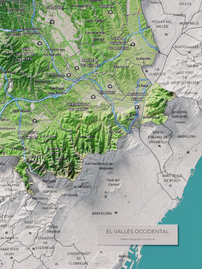 Mapa de relieve del Vallès Occidental, con el territorio en color y el entorno en blanco. Detalle de la zona inferior derecha. 30 × 40 cm. Estilo Clásico.
