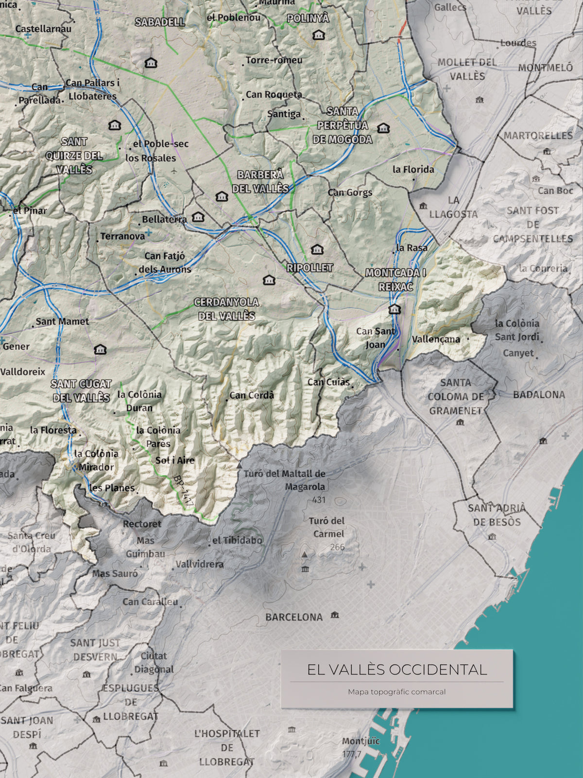 Mapa de relieve del Vallès Occidental, con el territorio en color y el entorno en blanco. Detalle de la zona inferior derecha. 30 × 40 cm. Estilo Cartográfico.