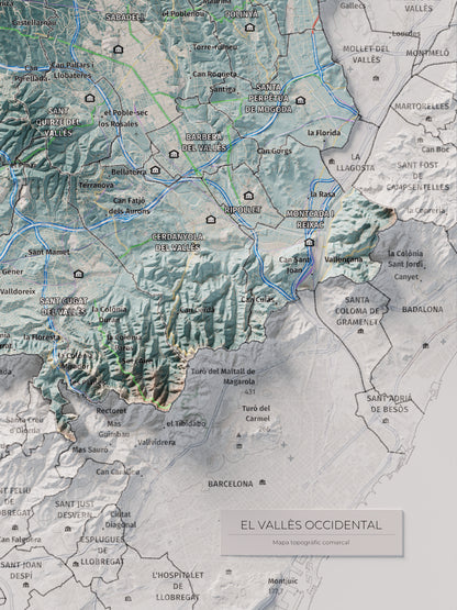 Mapa de relieve del Vallès Occidental, con el territorio en color y el entorno en blanco. Detalle de la zona inferior derecha. 30 × 40 cm. Estilo Azul y naranja.