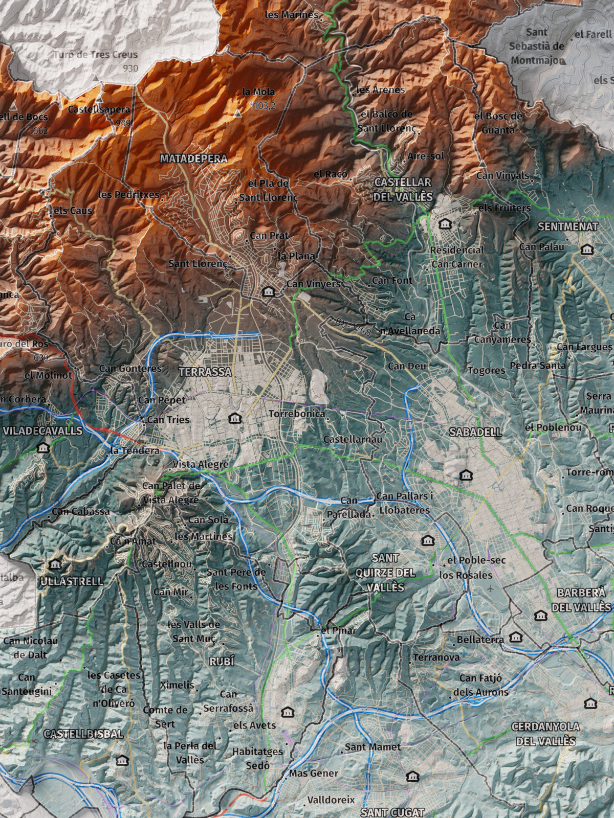 Mapa de relieve del Vallès Occidental, con el territorio en color y el entorno en blanco. Detalle de la zona central. 30 × 40 cm. Estilo Azul y naranja.