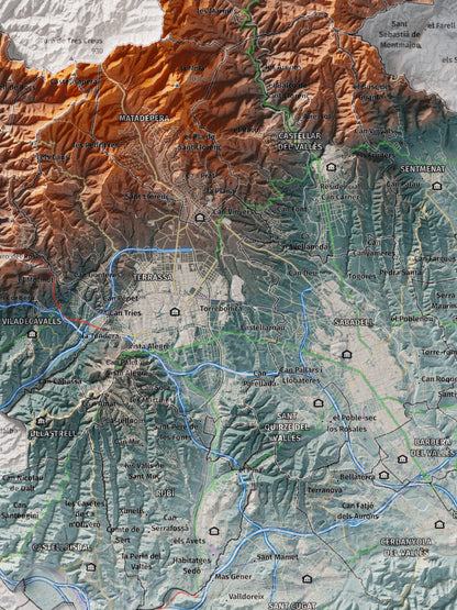 Mapa de relieve del Vallès Occidental, con el territorio en color y el entorno en blanco. Detalle de la zona central. 30 × 40 cm. Estilo Azul y naranja.