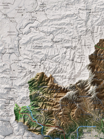 Mapa de relieve del Vallès Occidental, con el territorio en color y el entorno en blanco. Detalle de la zona superior izquierda. 30 × 40 cm. Estilo Clásico.