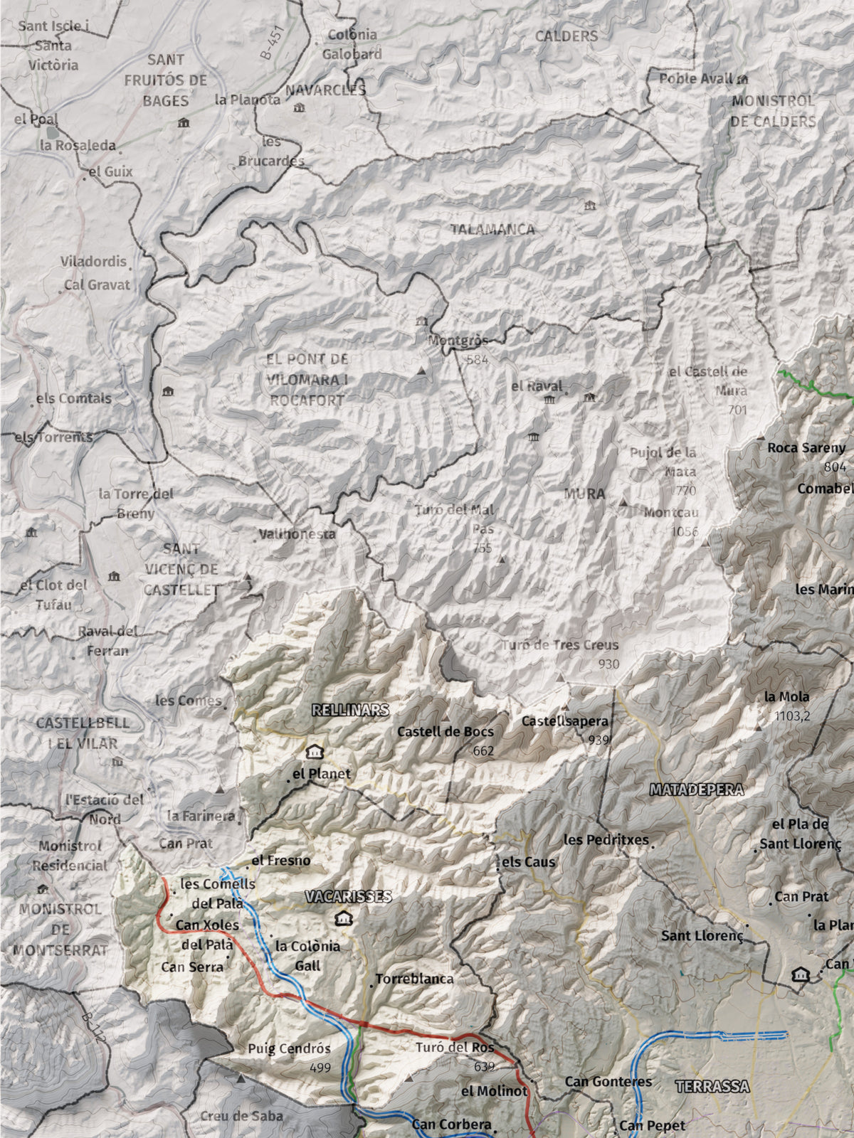 Mapa de relieve del Vallès Occidental, con el territorio en color y el entorno en blanco. Detalle de la zona superior izquierda. 30 × 40 cm. Estilo Cartográfico.