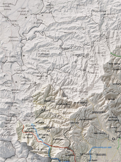Mapa de relieve del Vallès Occidental, con el territorio en color y el entorno en blanco. Detalle de la zona superior izquierda. 30 × 40 cm. Estilo Cartográfico.