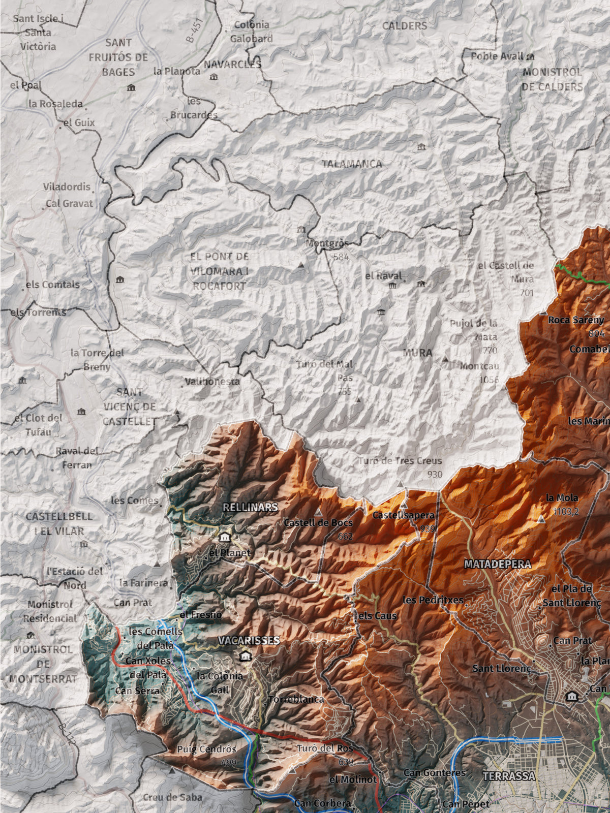 Mapa de relieve del Vallès Occidental, con el territorio en color y el entorno en blanco. Detalle de la zona superior izquierda. 30 × 40 cm. Estilo Azul y naranja.