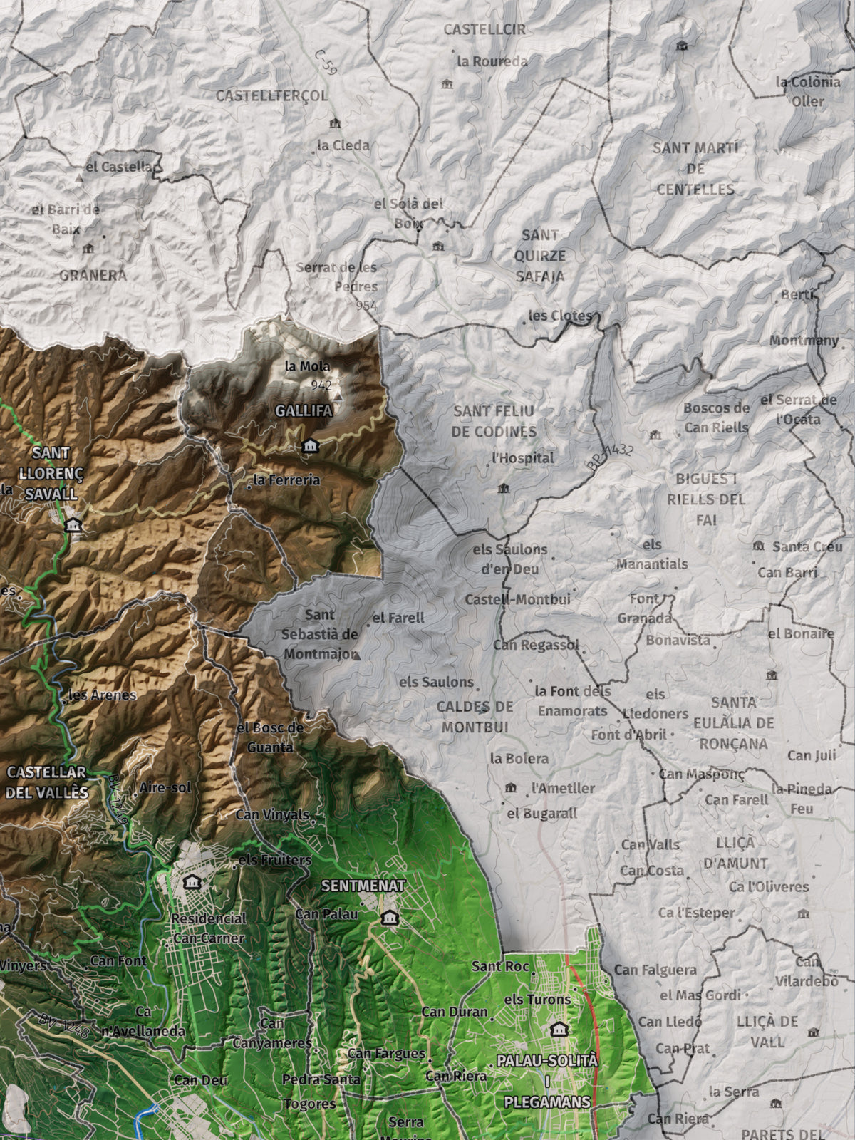 Mapa de relieve del Vallès Occidental, con el territorio en color y el entorno en blanco. Detalle de la zona superior derecha. 30 × 40 cm. Estilo Clásico.
