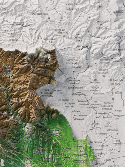 Mapa de relieve del Vallès Occidental, con el territorio en color y el entorno en blanco. Detalle de la zona superior derecha. 30 × 40 cm. Estilo Clásico.