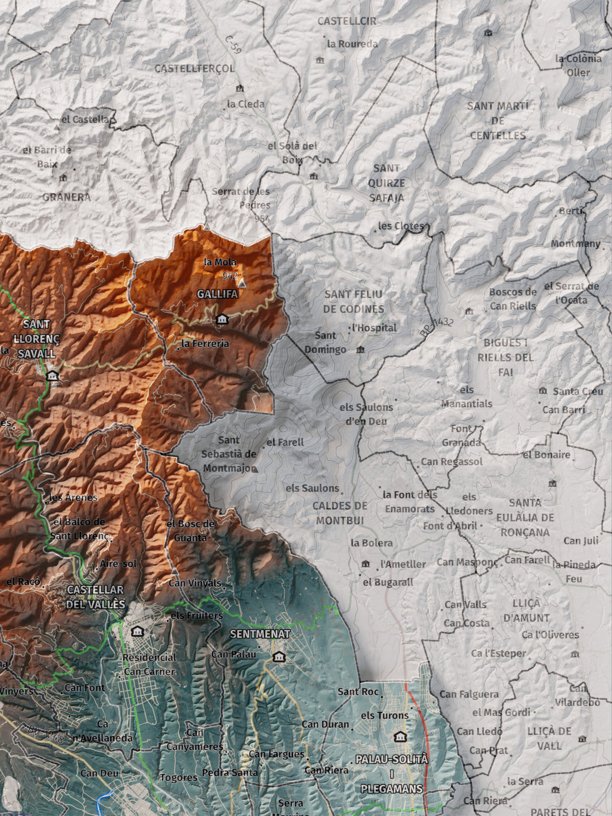 Mapa de relieve del Vallès Occidental, con el territorio en color y el entorno en blanco. Detalle de la zona superior derecha. 30 × 40 cm. Estilo Azul y naranja.