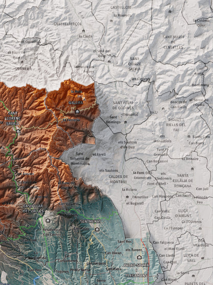 Mapa de relieve del Vallès Occidental, con el territorio en color y el entorno en blanco. Detalle de la zona superior derecha. 30 × 40 cm. Estilo Azul y naranja.