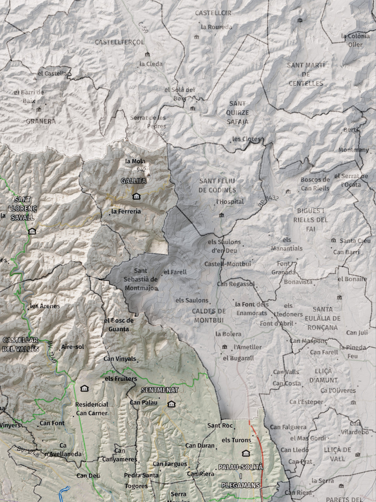 Mapa de relieve del Vallès Occidental, con el territorio en color y el entorno en blanco. Detalle de la zona superior derecha. 30 × 40 cm. Estilo Cartográfico.