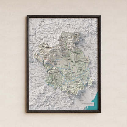 Mapa de relieve del Vallès Occidental, con el territorio en color y el entorno en blanco. Presentación con marco. 30 × 40 cm. Estilo Cartográfico.