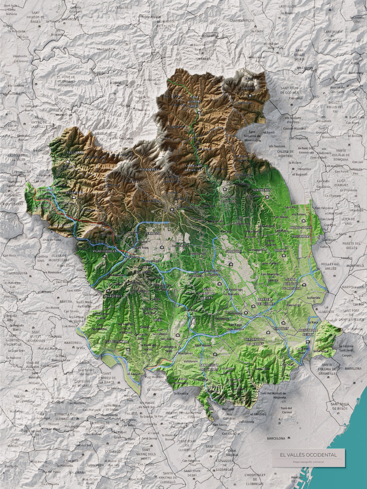 Mapa de relieve del Vallès Occidental, con el territorio en color y el entorno en blanco. Vista completa de la lámina. 30 × 40 cm. Estilo Clásico.