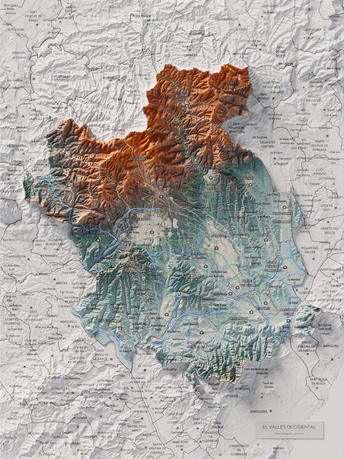 Mapa de relieve del Vallès Occidental, con el territorio en color y el entorno en blanco. Vista completa de la lámina. 30 × 40 cm. Estilo Azul y naranja.