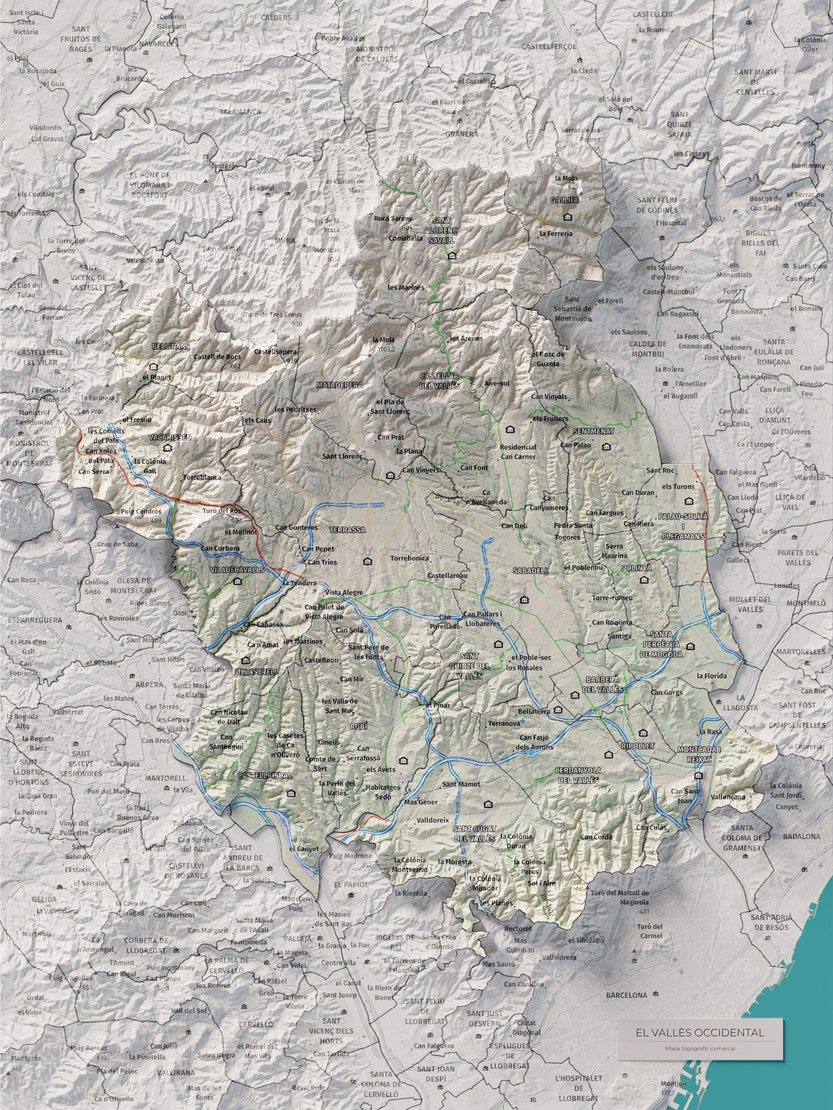Mapa de relieve del Vallès Occidental, con el territorio en color y el entorno en blanco. Vista completa de la lámina. 30 × 40 cm. Estilo Cartográfico.