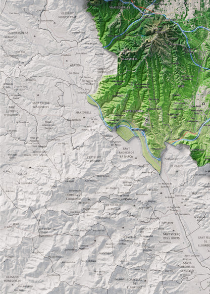 Mapa de relieve del Vallès Occidental, con el territorio en color y el entorno en blanco. Detalle de la zona inferior izquierda. 50 × 70 cm. Estilo Clásico.