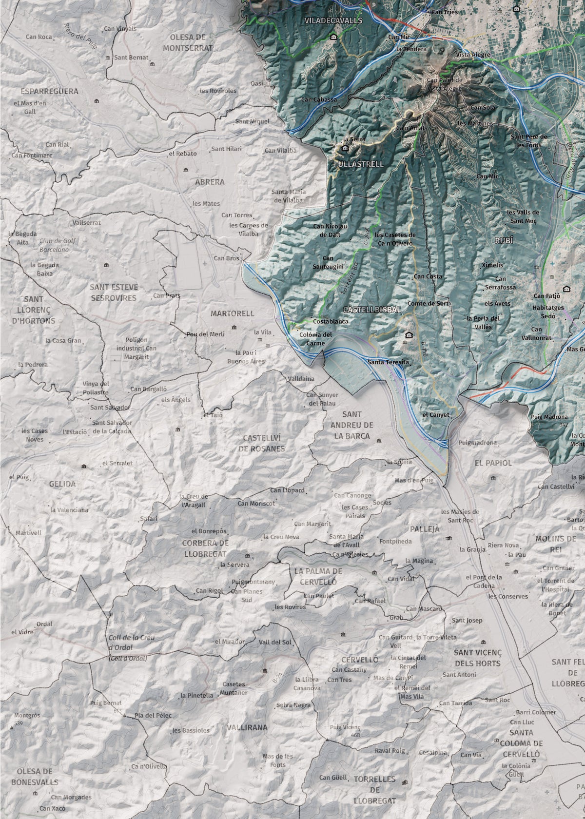 Mapa de relieve del Vallès Occidental, con el territorio en color y el entorno en blanco. Detalle de la zona inferior izquierda. 50 × 70 cm. Estilo Azul y naranja.