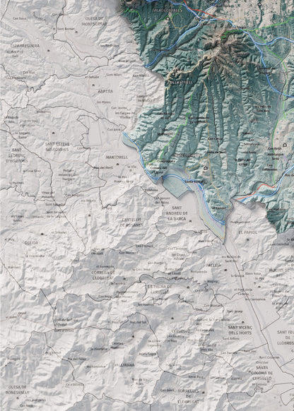 Mapa de relieve del Vallès Occidental, con el territorio en color y el entorno en blanco. Detalle de la zona inferior izquierda. 50 × 70 cm. Estilo Azul y naranja.