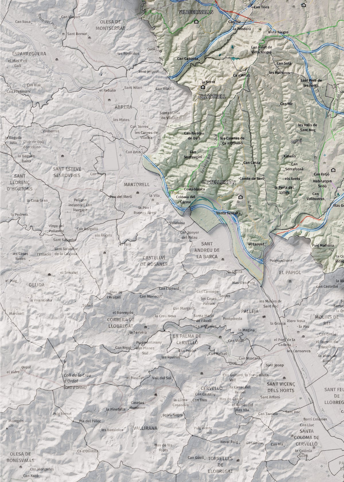 Mapa de relieve del Vallès Occidental, con el territorio en color y el entorno en blanco. Detalle de la zona inferior izquierda. 50 × 70 cm. Estilo Cartográfico.