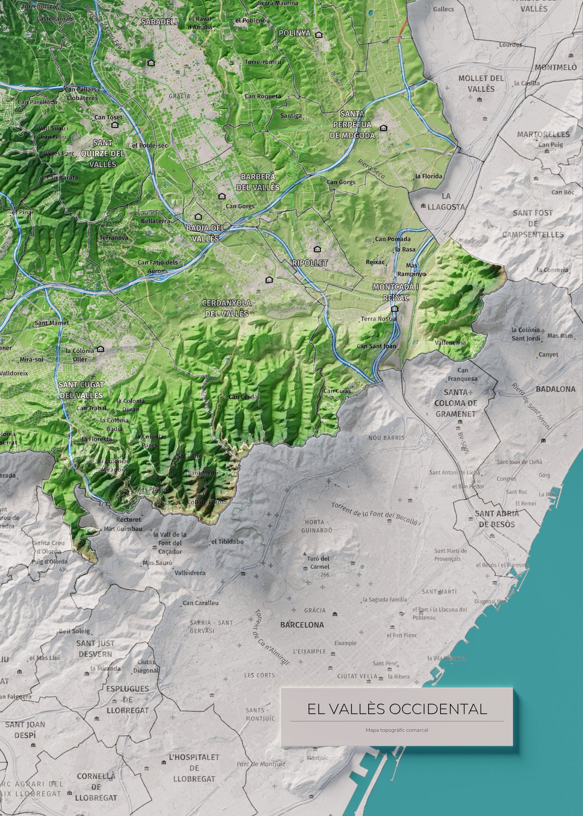 Mapa de relieve del Vallès Occidental, con el territorio en color y el entorno en blanco. Detalle de la zona inferior derecha. 50 × 70 cm. Estilo Clásico.
