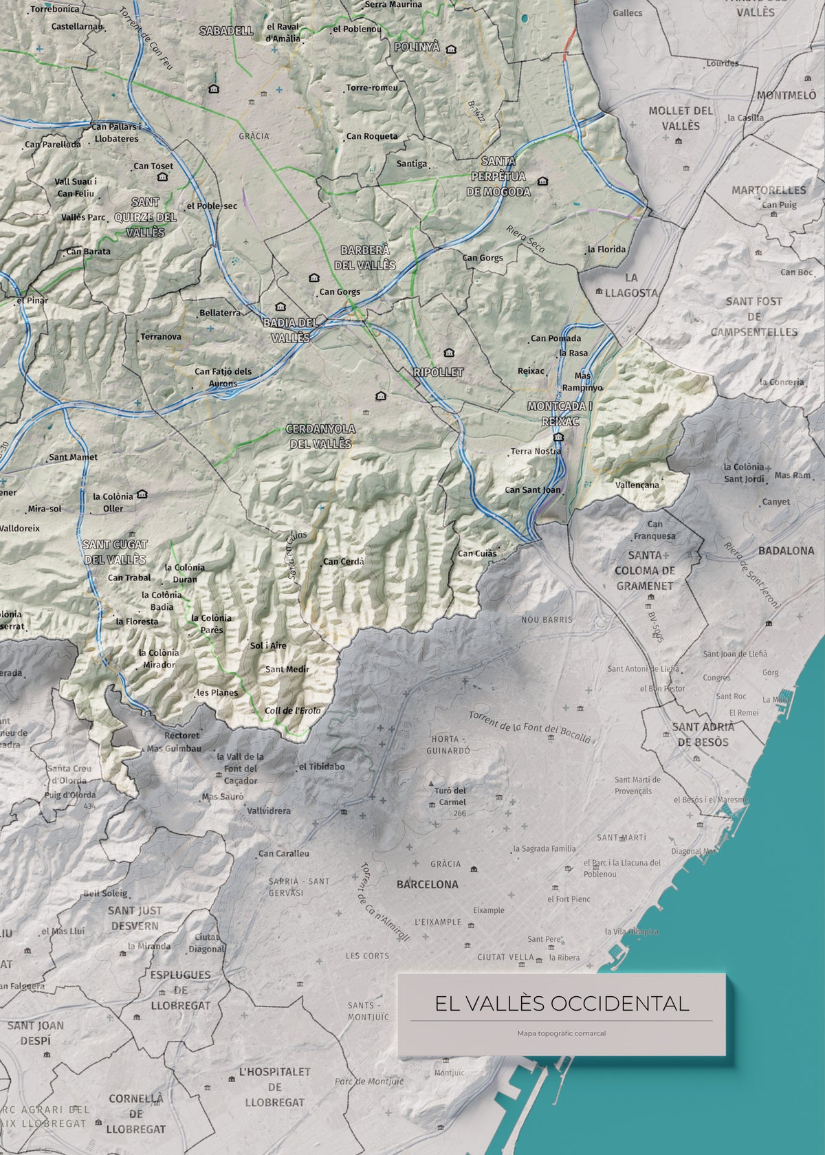 Mapa de relieve del Vallès Occidental, con el territorio en color y el entorno en blanco. Detalle de la zona inferior derecha. 50 × 70 cm. Estilo Cartográfico.