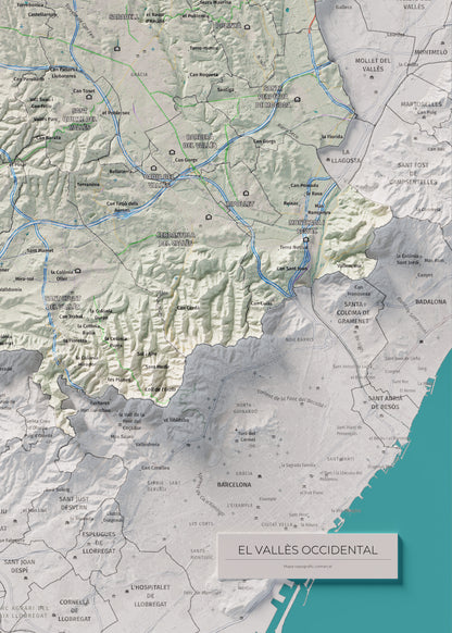 Mapa de relieve del Vallès Occidental, con el territorio en color y el entorno en blanco. Detalle de la zona inferior derecha. 50 × 70 cm. Estilo Cartográfico.
