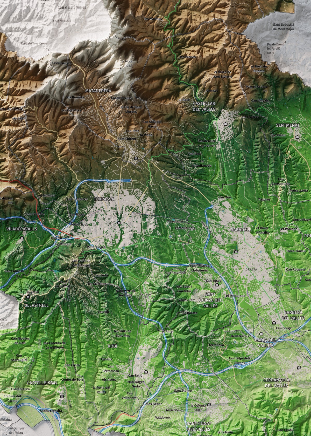 Mapa de relieve del Vallès Occidental, con el territorio en color y el entorno en blanco. Detalle de la zona central. 50 × 70 cm. Estilo Clásico.