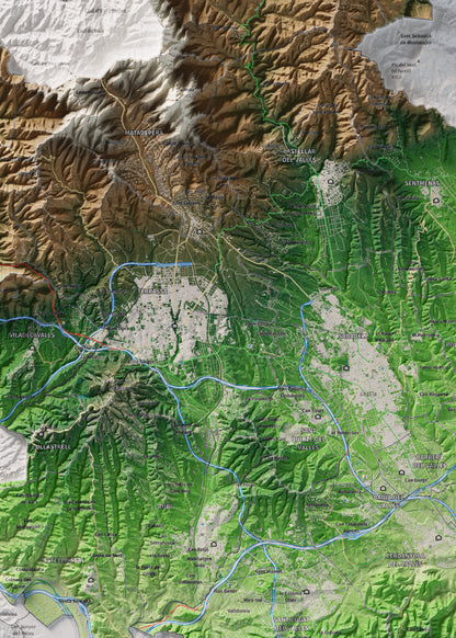 Mapa de relieve del Vallès Occidental, con el territorio en color y el entorno en blanco. Detalle de la zona central. 50 × 70 cm. Estilo Clásico.