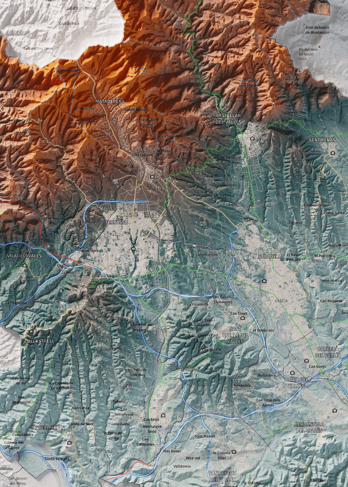 Mapa de relieve del Vallès Occidental, con el territorio en color y el entorno en blanco. Detalle de la zona central. 50 × 70 cm. Estilo Azul y naranja.