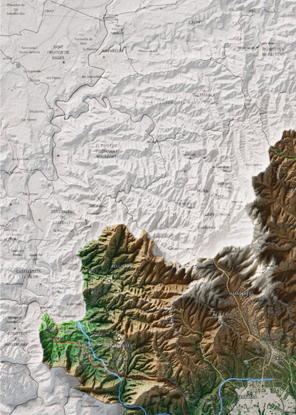 Mapa de relieve del Vallès Occidental, con el territorio en color y el entorno en blanco. Detalle de la zona superior izquierda. 50 × 70 cm. Estilo Clásico.