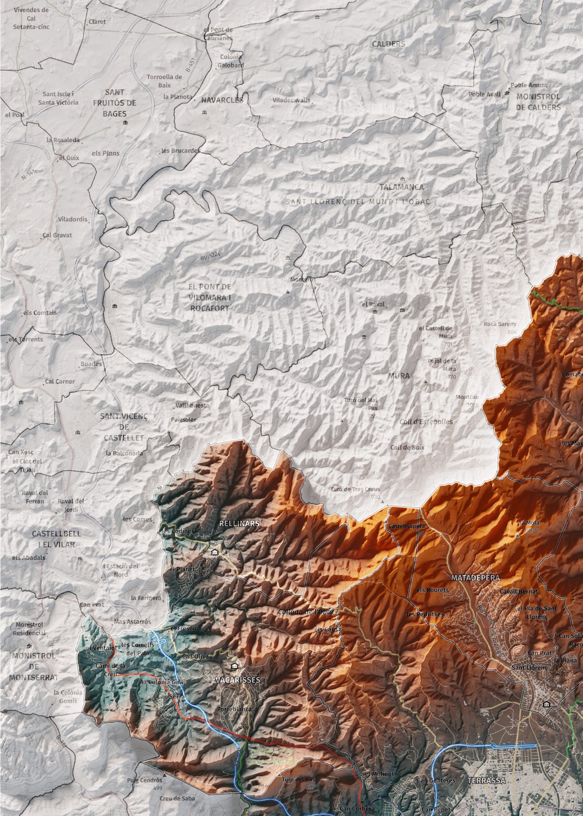 Mapa de relieve del Vallès Occidental, con el territorio en color y el entorno en blanco. Detalle de la zona superior izquierda. 50 × 70 cm. Estilo Azul y naranja.
