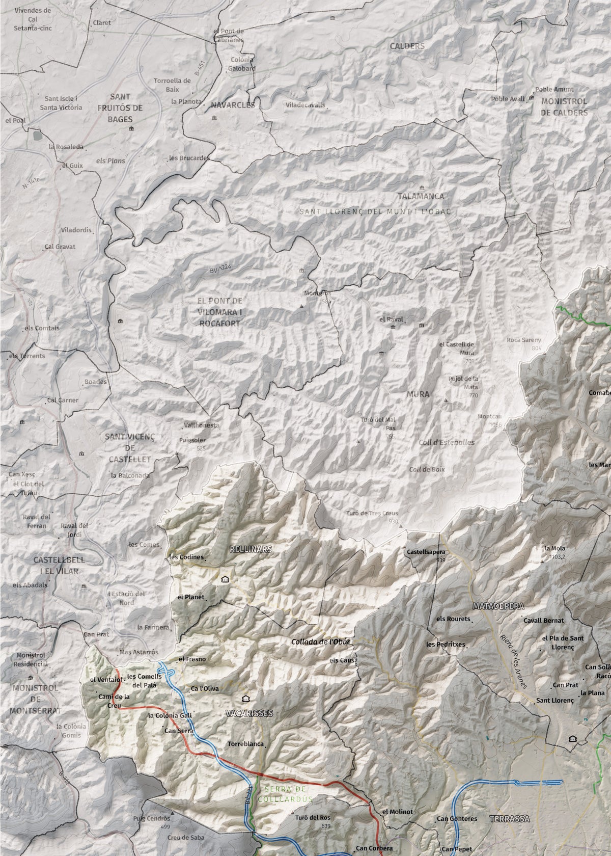Mapa de relieve del Vallès Occidental, con el territorio en color y el entorno en blanco. Detalle de la zona superior izquierda. 50 × 70 cm. Estilo Cartográfico.